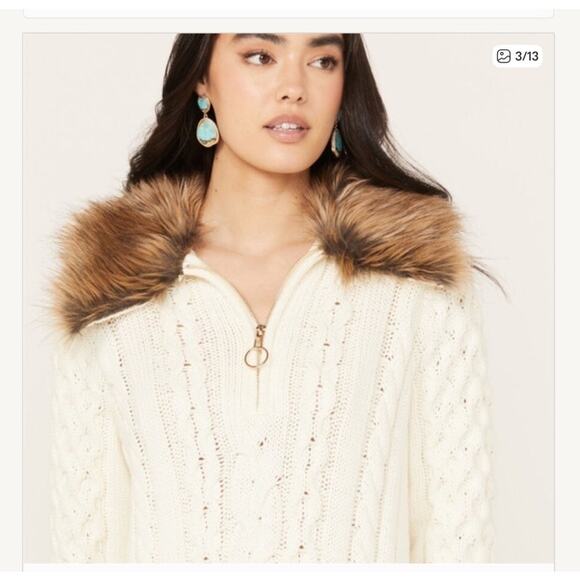 Show Me Your Mumu Sun Valley Pullover Cream Cable Knit Sweater Faux Fur Collar - Picture 2 of 15